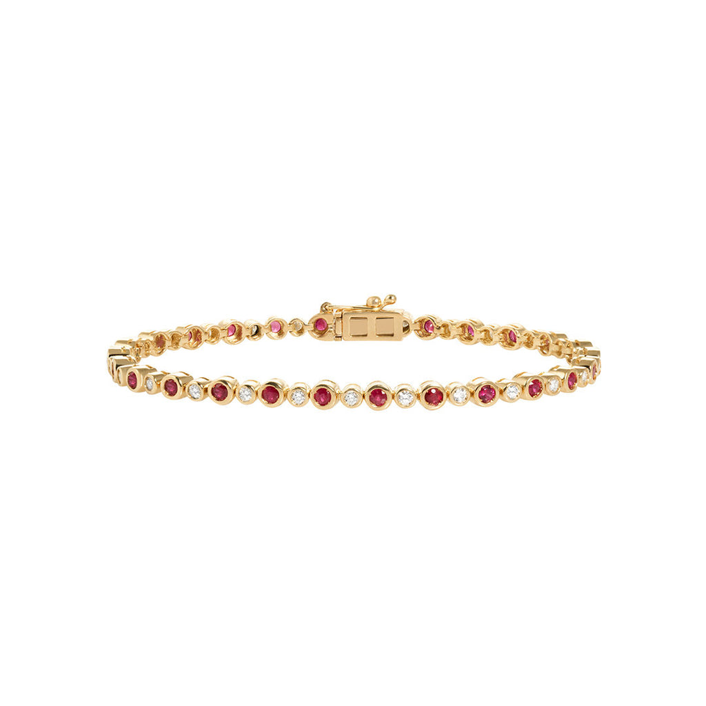 Ruby Bezel 18K Gold Tennis Bracelet w. Diamonds