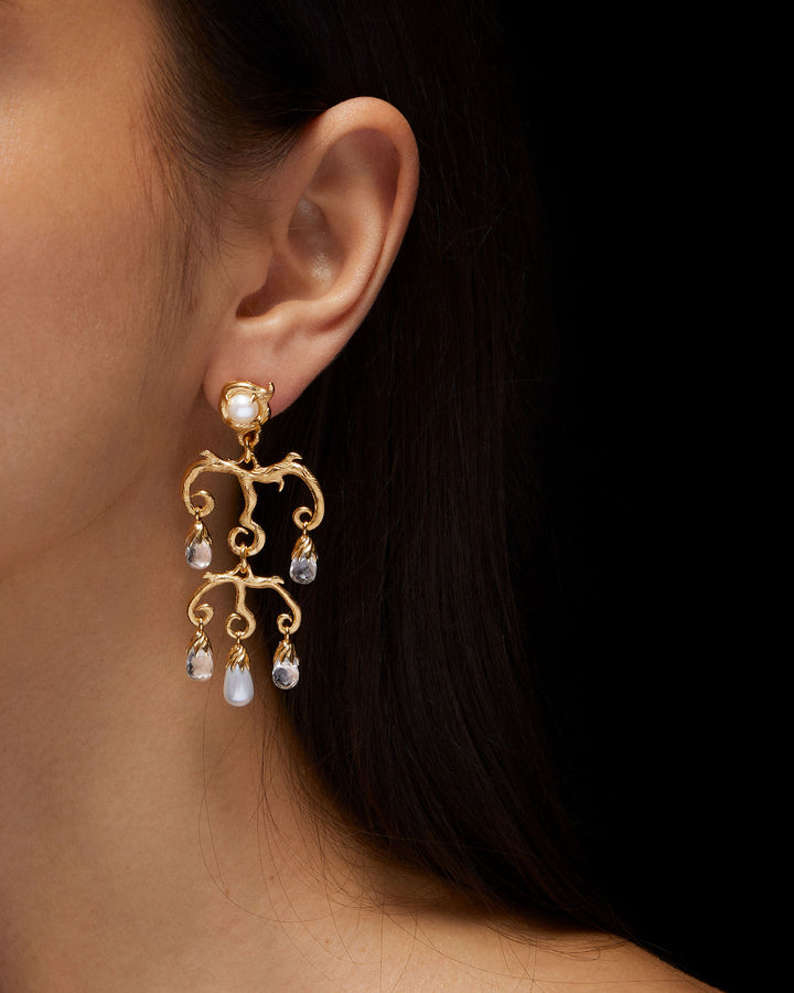 Secret Garden Chandelier Gold Plated Earring w. Beads & Quartz