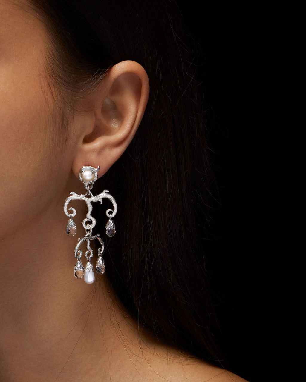 Secret Garden Chandelier Silver Earring w. Beads & Quartz