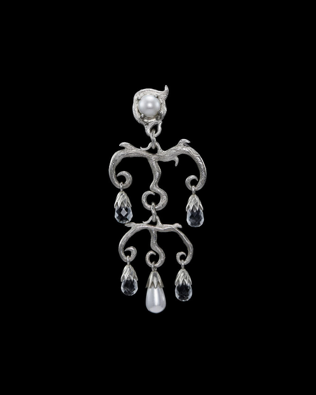 Secret Garden Chandelier Silver Earring w. Beads & Quartz