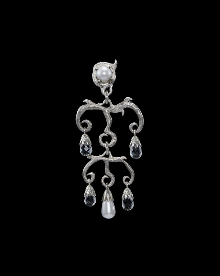 Secret Garden Chandelier Silver Earring w. Beads & Quartz