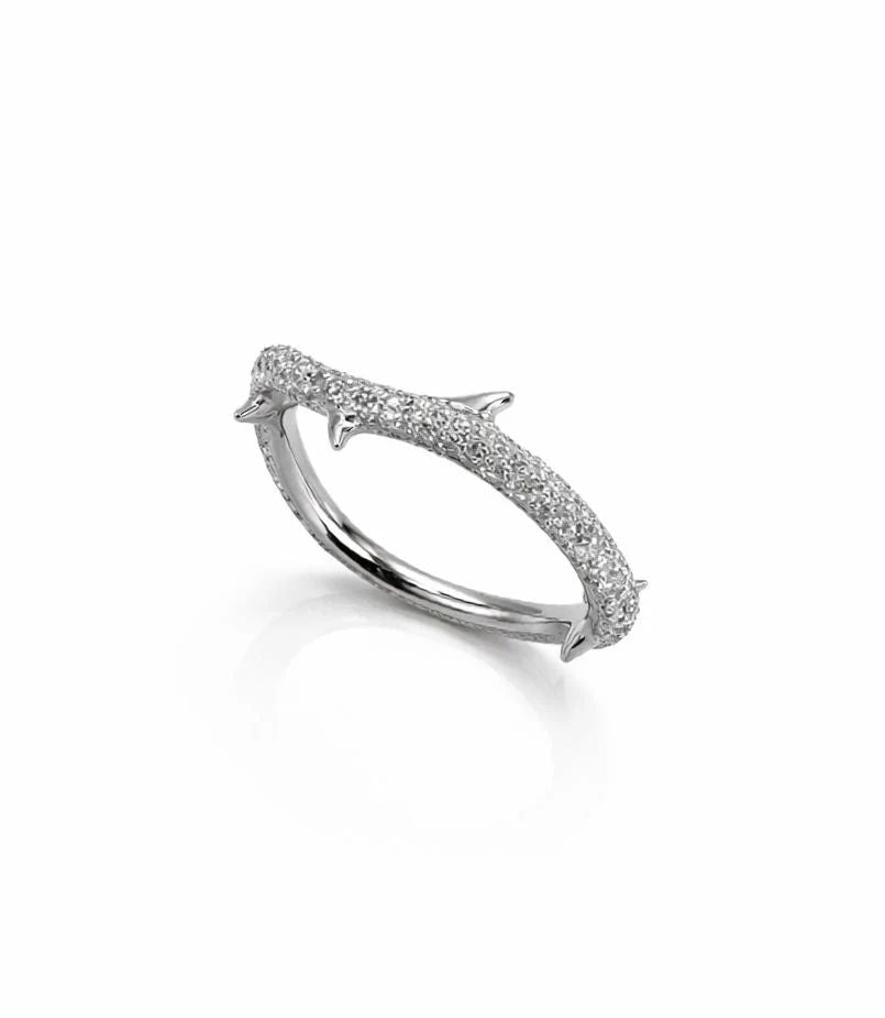Thorns of a Rose 14K Gold Thin Band Ring w. Diamonds