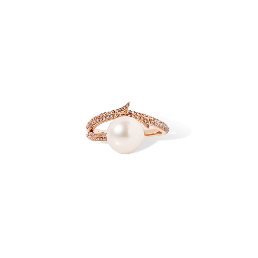 Enchanted Rose Thorn 14K Gold Ring w. Diamonds & Pearl