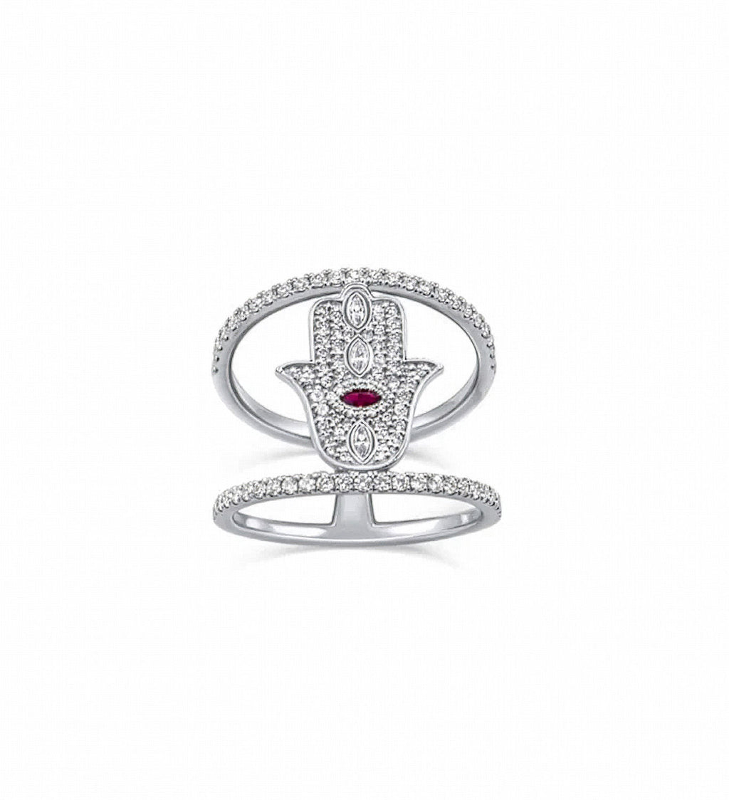Lucky Hand 14K Gold Ring w. Diamonds & Ruby