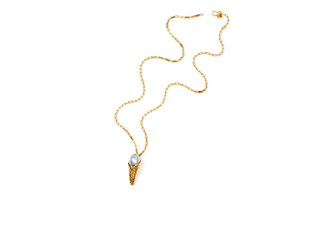 Large Ice Cream 18K, 14K Gold Necklace w. Pearl