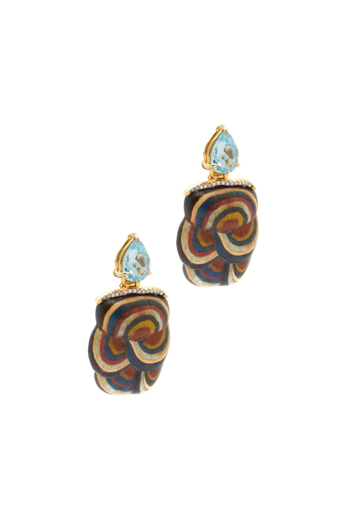 Marquetry Mushroom 18K Gold Earrings w. Topaz & Diamond