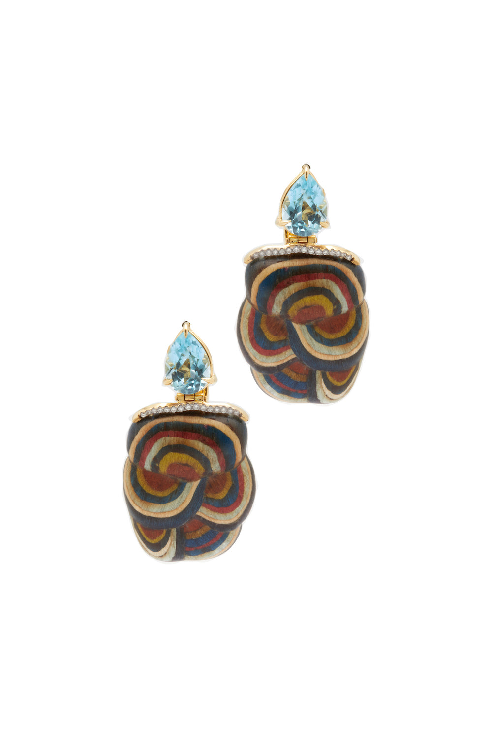 Marquetry Mushroom 18K Gold Earrings w. Topaz & Diamond