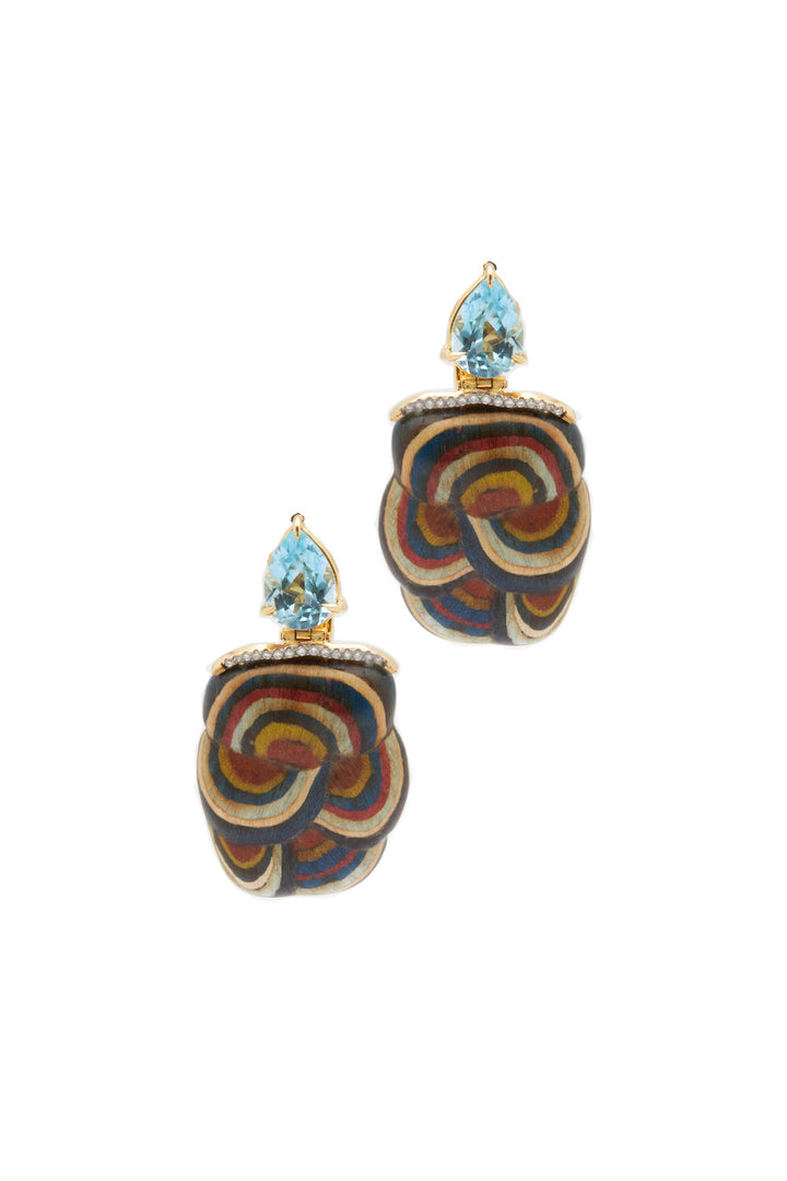 Marquetry Mushroom 18K Gold Earrings w. Topaz & Diamond