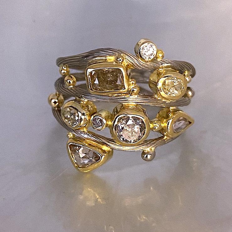 Triple Seafire 18K & 22K Gold & Whitegold Ring w. Diamond