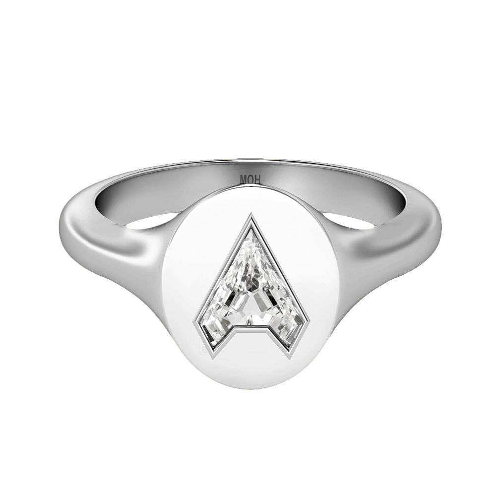 Alphabet 18K Whitegold Initial A Signet Ring w. Solitaire Lab-Grown Diamond