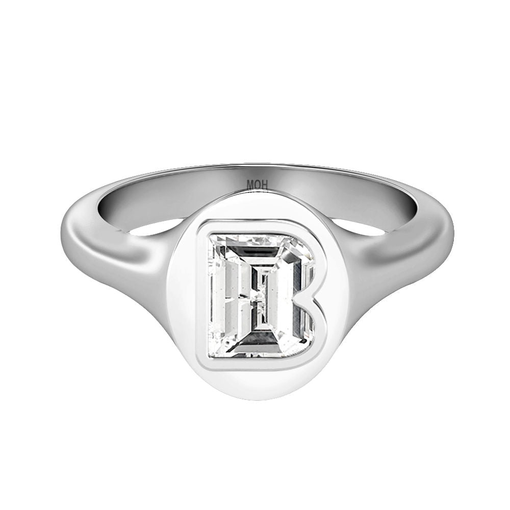 Alphabet 18K Whitegold Initial B Signet Ring w. Solitaire Lab-Grown Diamond