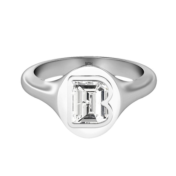 Alphabet 18K Whitegold Initial B Signet Ring w. Solitaire Lab-Grown Diamond