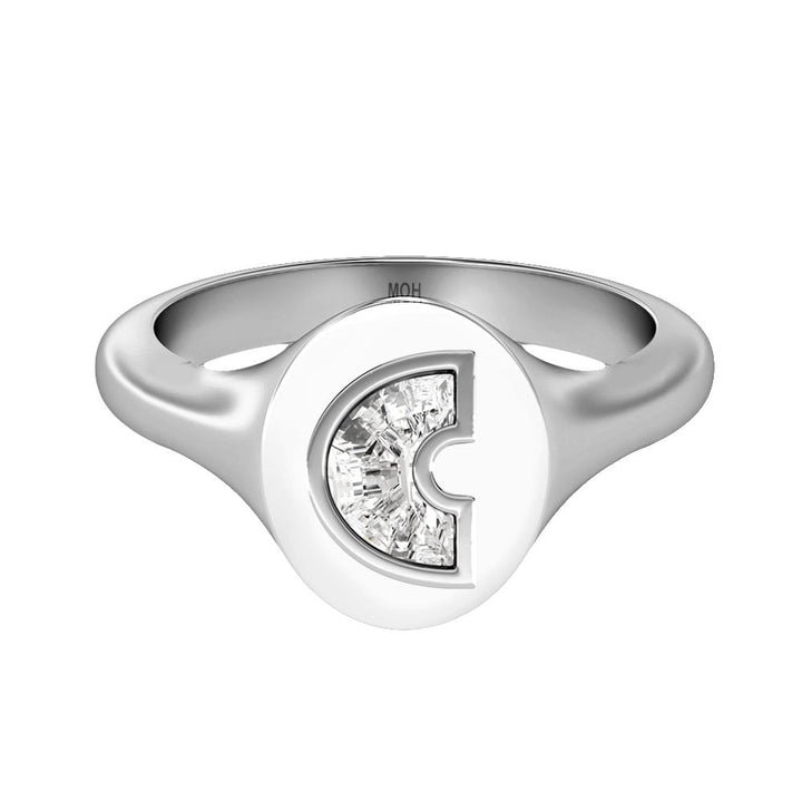 Alphabet 18K Whitegold Initial C Signet Ring w. Solitaire Lab-Grown Diamond
