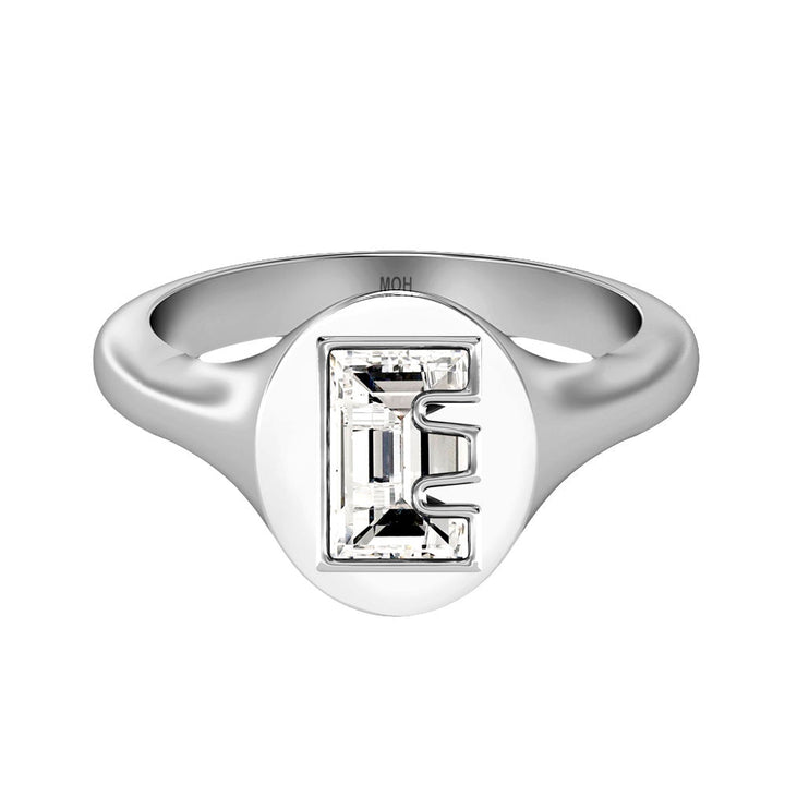 Alphabet 18K Whitegold Initial E Signet Ring w. Solitaire Lab-Grown Diamond