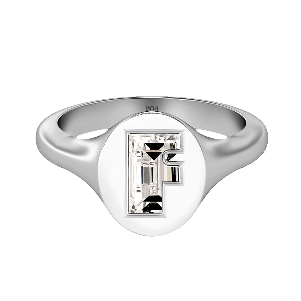 Alphabet 18K Whitegold Initial F Signet Ring w. Solitaire Lab-Grown Diamond