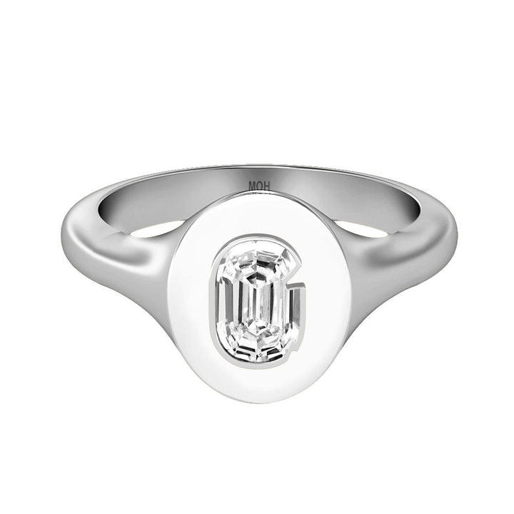 Alphabet 18K Whitegold Initial G Signet Ring w. Solitaire Lab-Grown Diamond