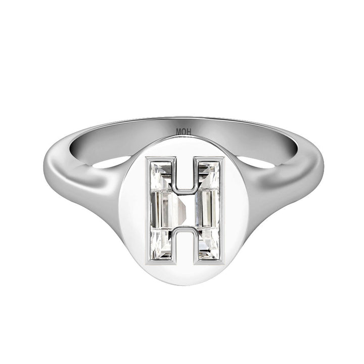 Alphabet 18K Whitegold Initial H Signet Ring w. Solitaire Lab-Grown Diamond
