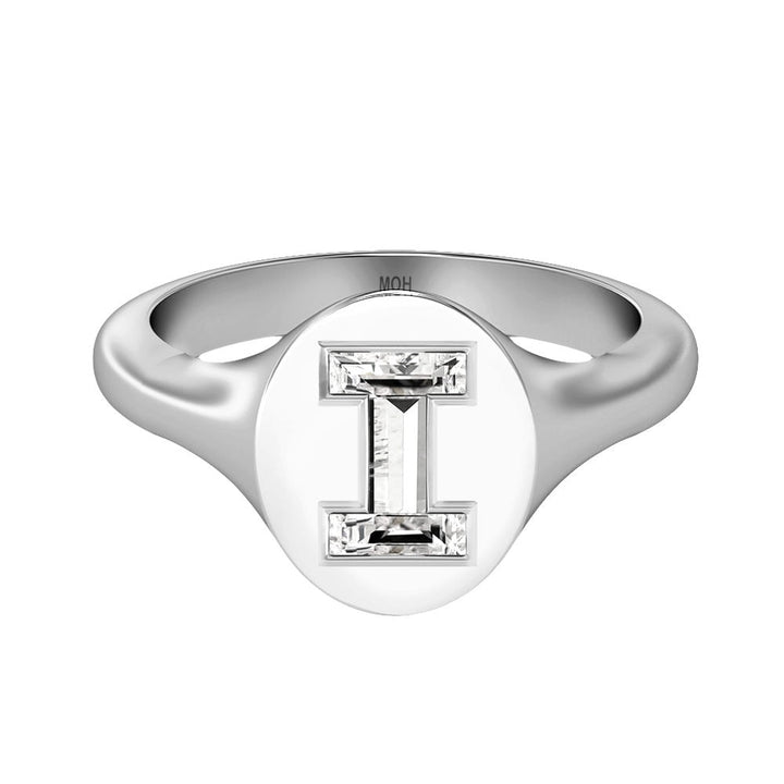 Alphabet 18K Whitegold Initial I Signet Ring w. Solitaire Lab-Grown Diamond