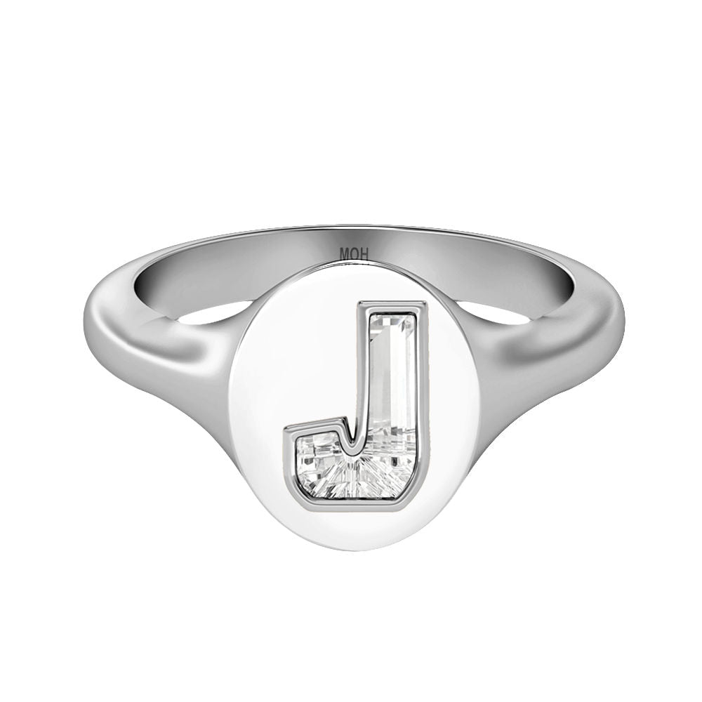 Alphabet 18K Whitegold Initial J Signet Ring w. Solitaire Lab-Grown Diamond