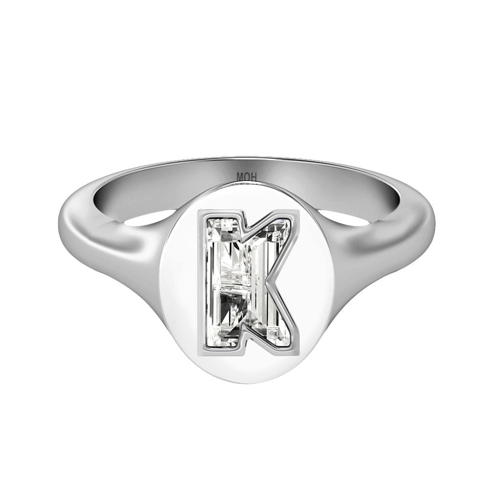 Alphabet 18K Whitegold Initial K Signet Ring w. Solitaire Lab-Grown Diamond