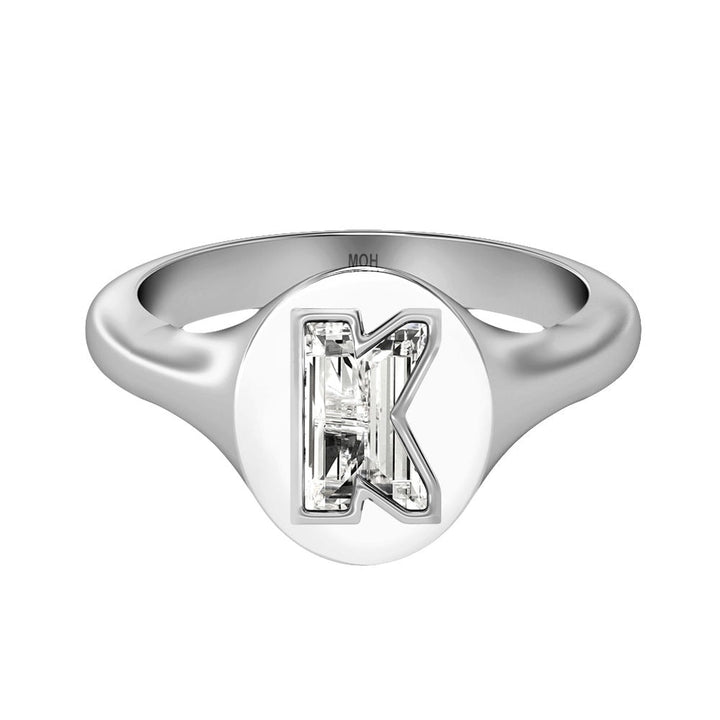 Alphabet 18K Whitegold Initial K Signet Ring w. Solitaire Lab-Grown Diamond