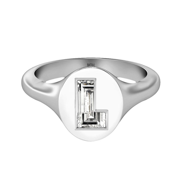 Alphabet 18K Whitegold Initial L Signet Ring w. Solitaire Lab-Grown Diamond