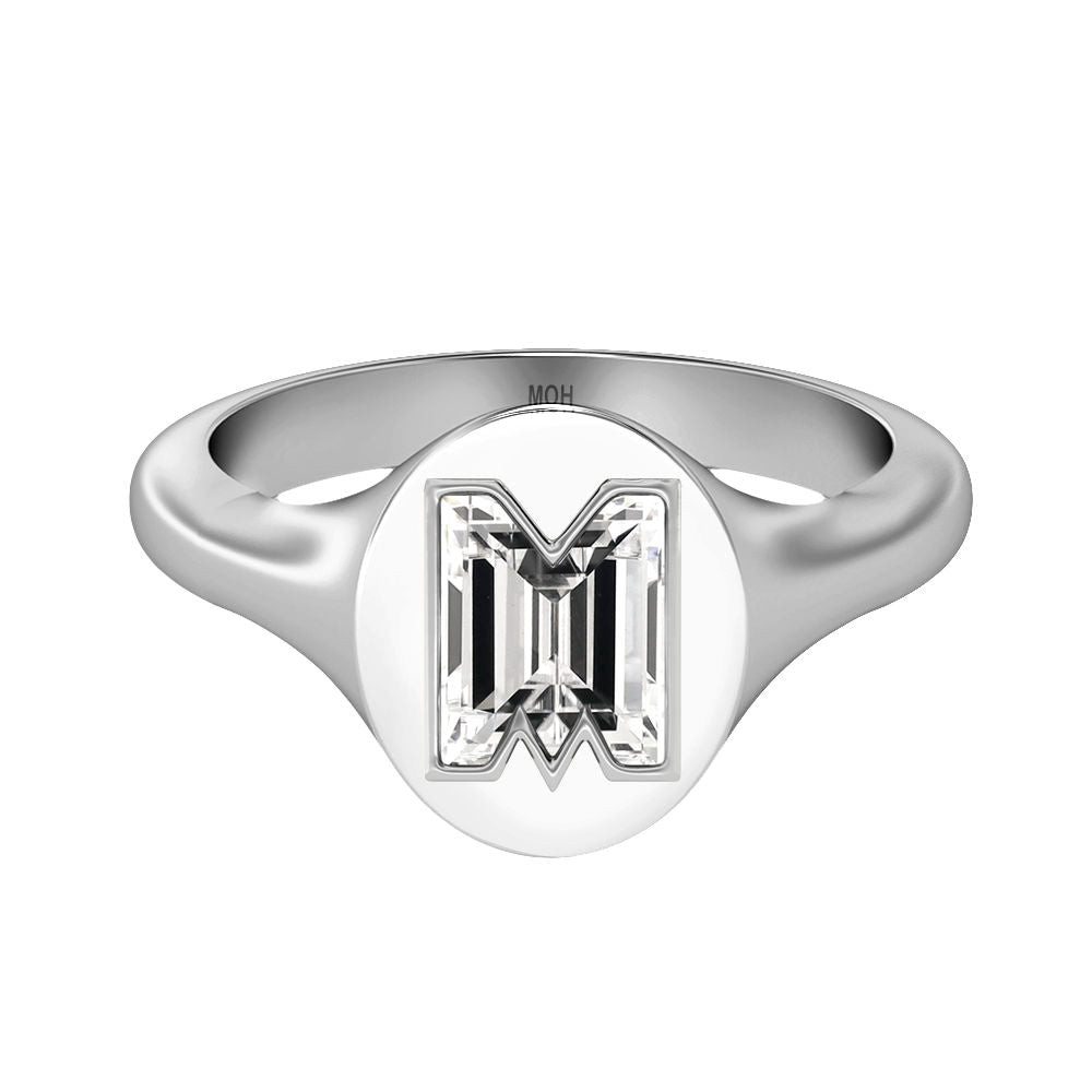 Alphabet 18K Whitegold Initial M Signet Ring w. Solitaire Lab-Grown Diamond