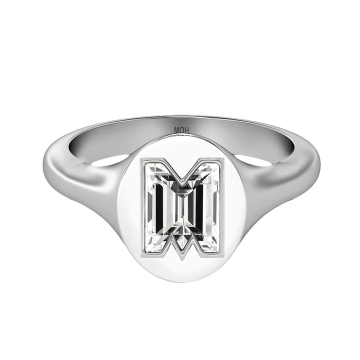 Alphabet 18K Whitegold Initial M Signet Ring w. Solitaire Lab-Grown Diamond