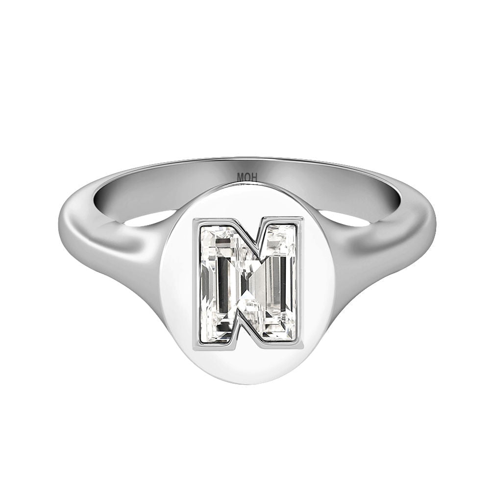 Alphabet 18K Whitegold Initial N Signet Ring w. Solitaire Lab-Grown Diamond