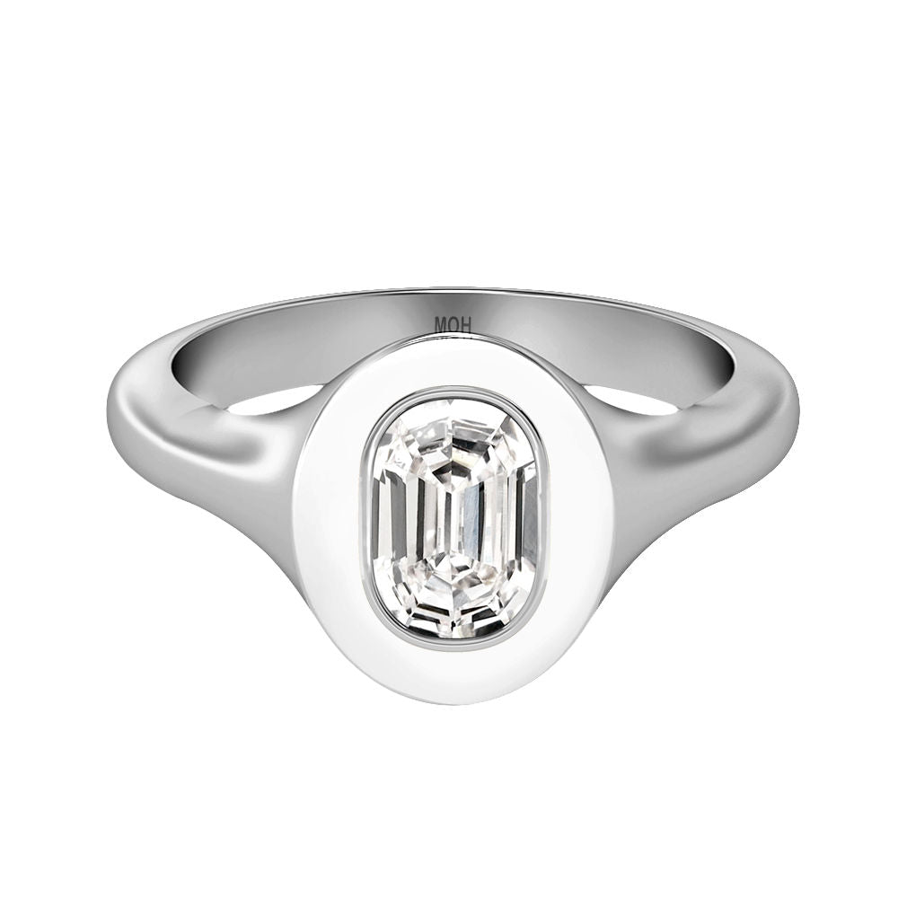 Alphabet 18K Whitegold Initial O Signet Ring w. Solitaire Lab-Grown Diamond