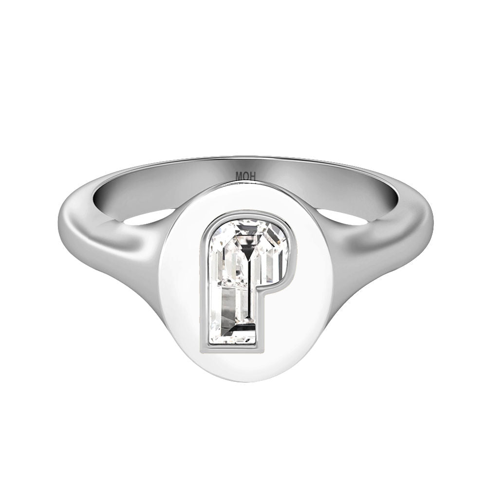 Alphabet 18K Whitegold Initial P Signet Ring w. Solitaire Lab-Grown Diamond