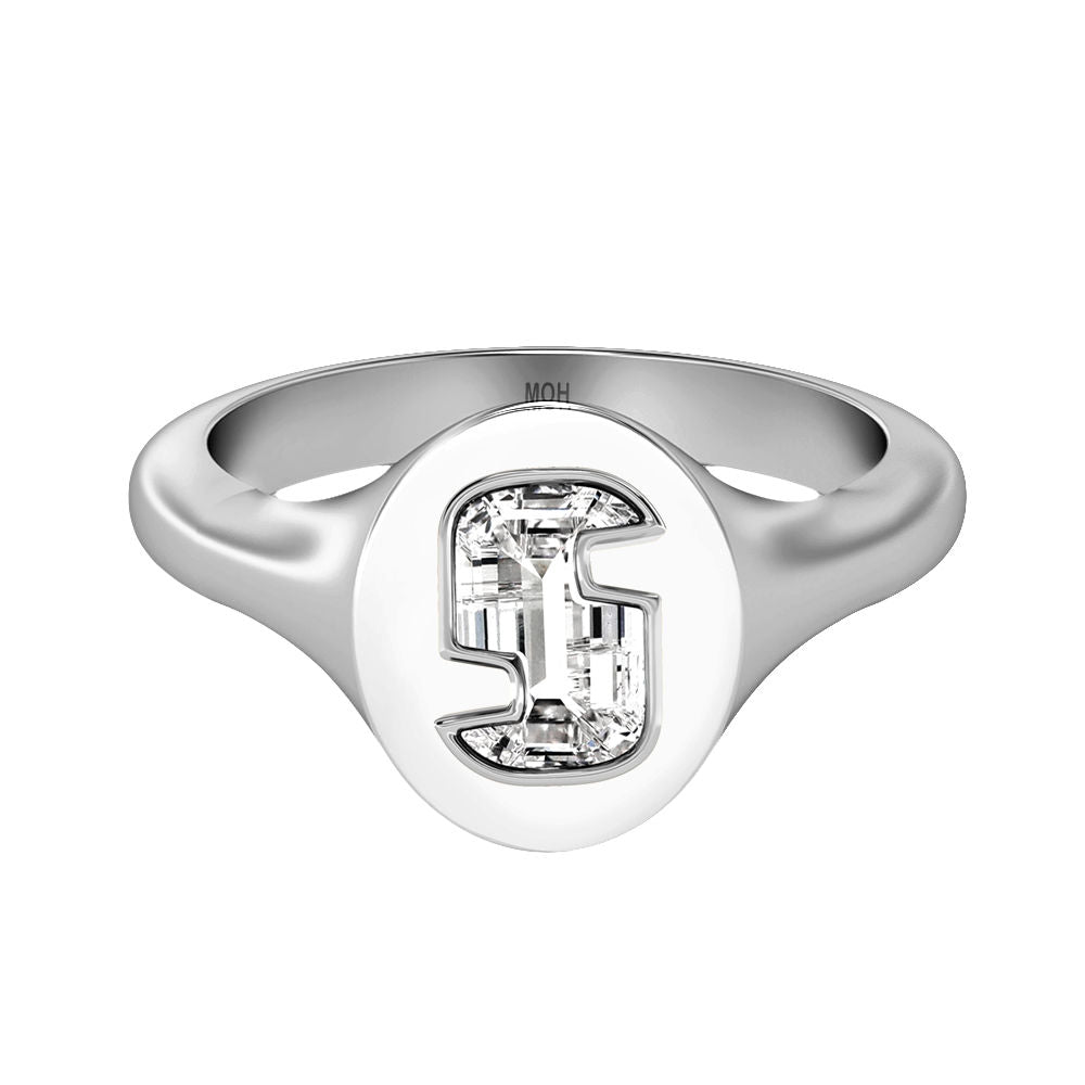 Alphabet 18K Whitegold Initial S Signet Ring w. Solitaire Lab-Grown Diamond