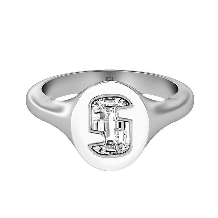 Alphabet 18K Whitegold Initial S Signet Ring w. Solitaire Lab-Grown Diamond