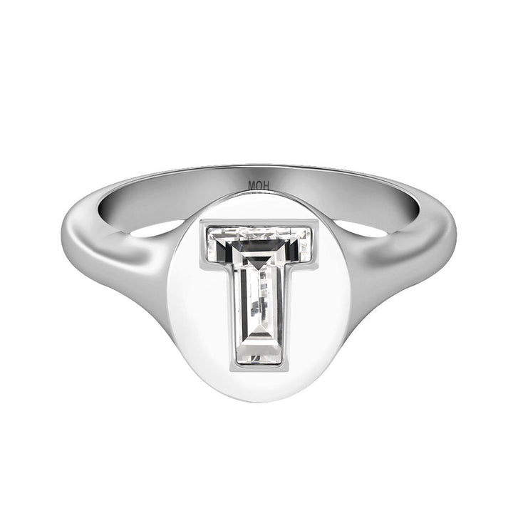 Alphabet 18K Whitegold Initial T Signet Ring w. Solitaire Lab-Grown Diamond