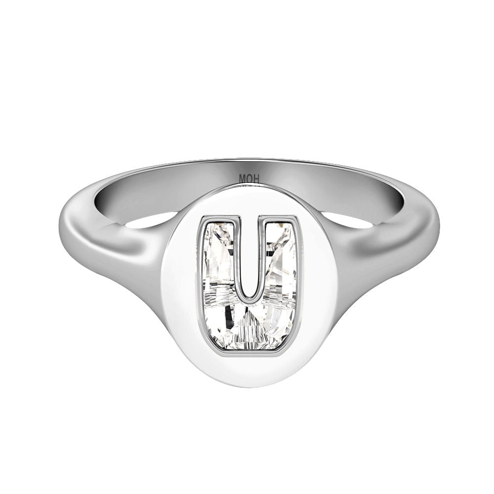 Alphabet 18K Whitegold Initial U Signet Ring w. Solitaire Lab-Grown Diamond