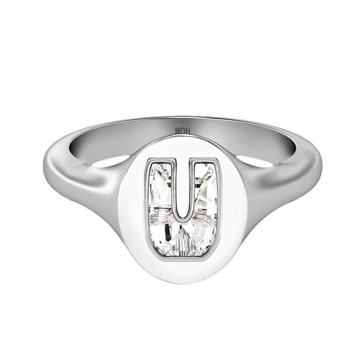 Alphabet 18K Whitegold Initial U Signet Ring w. Solitaire Lab-Grown Diamond