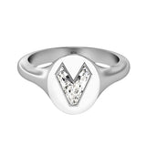 Alphabet 18K Whitegold Initial V Signet Ring w. Solitaire Lab-Grown Diamond
