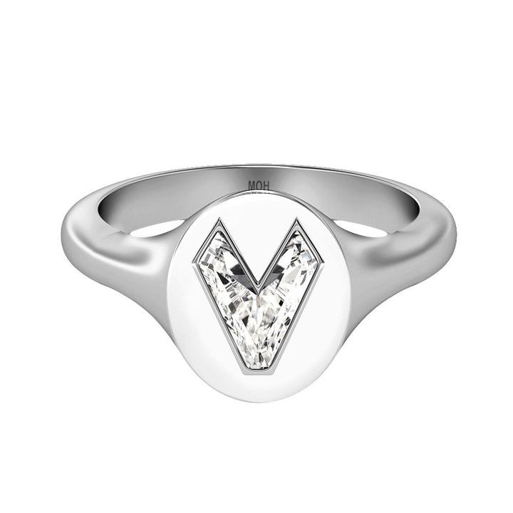 Alfabet 18K Hvidguld Initial V Signet Ring m. Solitaire Lab-Grown Diamant