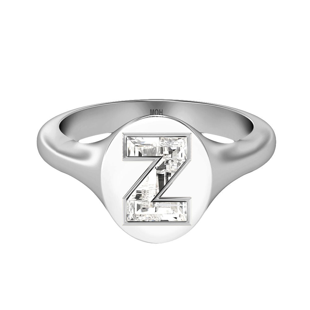Alphabet 18K Whitegold Initial Z Signet Ring w. Solitaire Lab-Grown Diamond