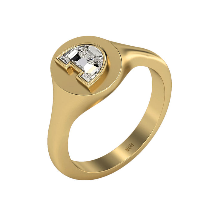 Alphabet 18K Gold Initial D Signet Ring w. Solitaire Lab-Grown Diamond