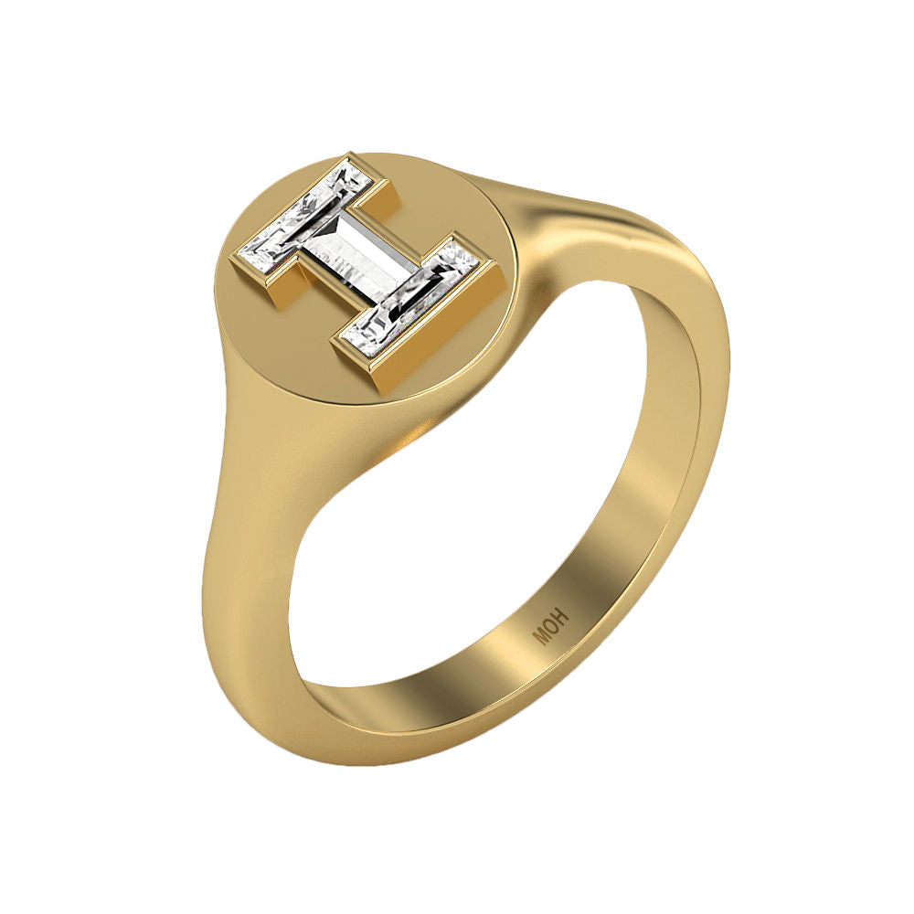 Alphabet 18K Gold Initial I Signet Ring w. Solitaire Lab-Grown Diamond