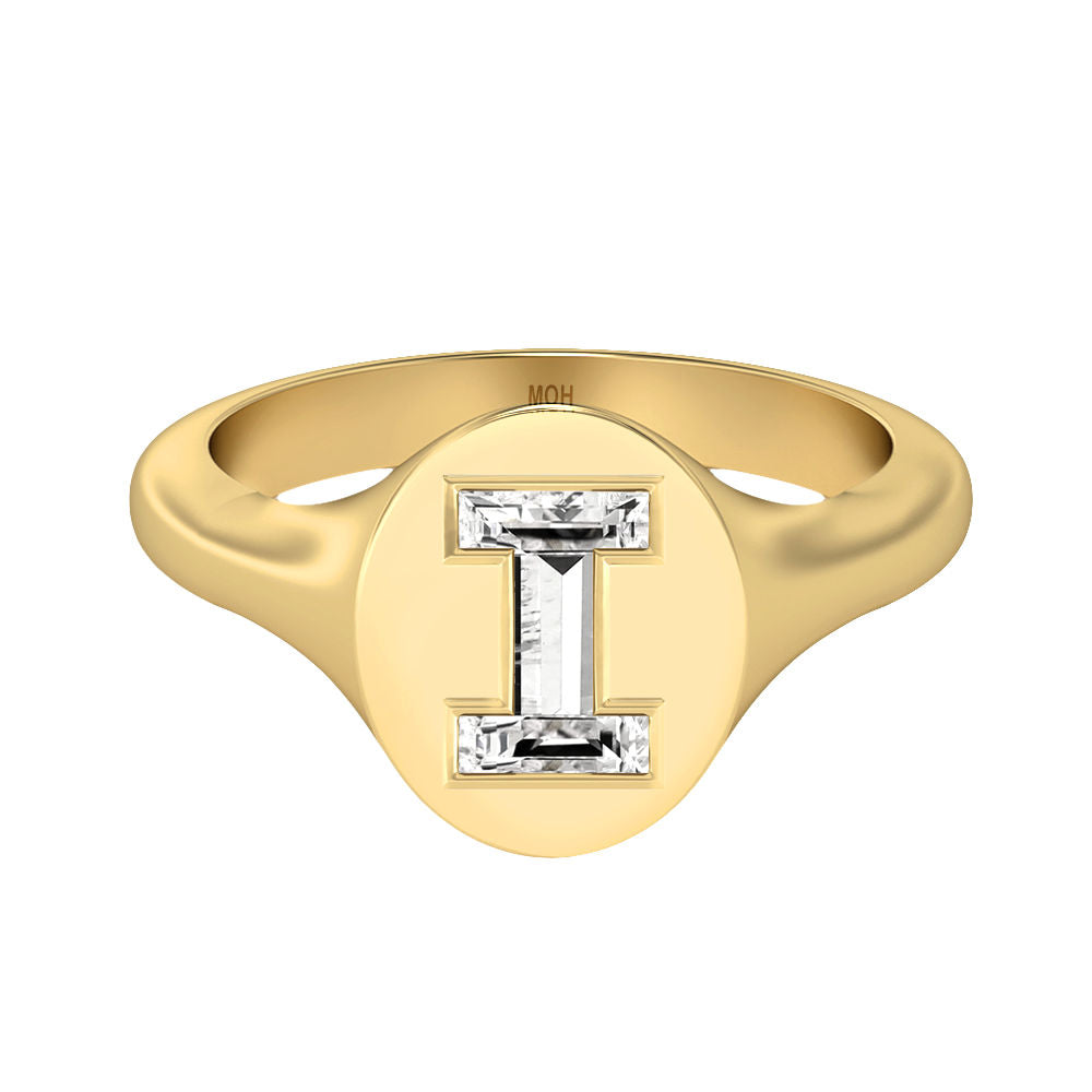 Alphabet 18K Gold Initial I Signet Ring w. Solitaire Lab-Grown Diamond