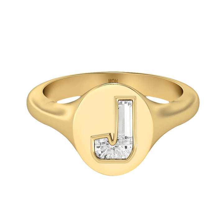 Alphabet 18K Gold Initial J Signet Ring w. Solitaire Lab-Grown Diamond