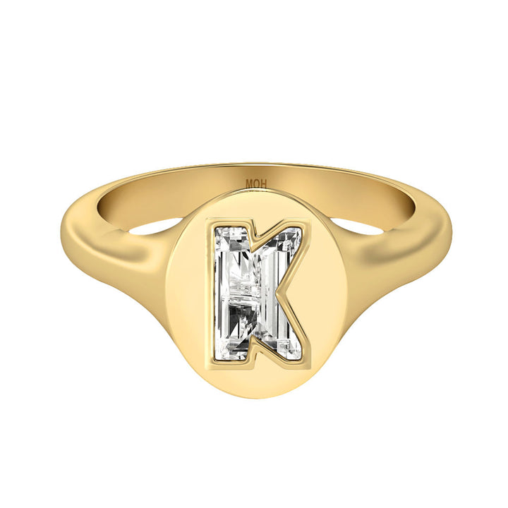 Alphabet 18K Gold Initial K Signet Ring w. Solitaire Lab-Grown Diamond