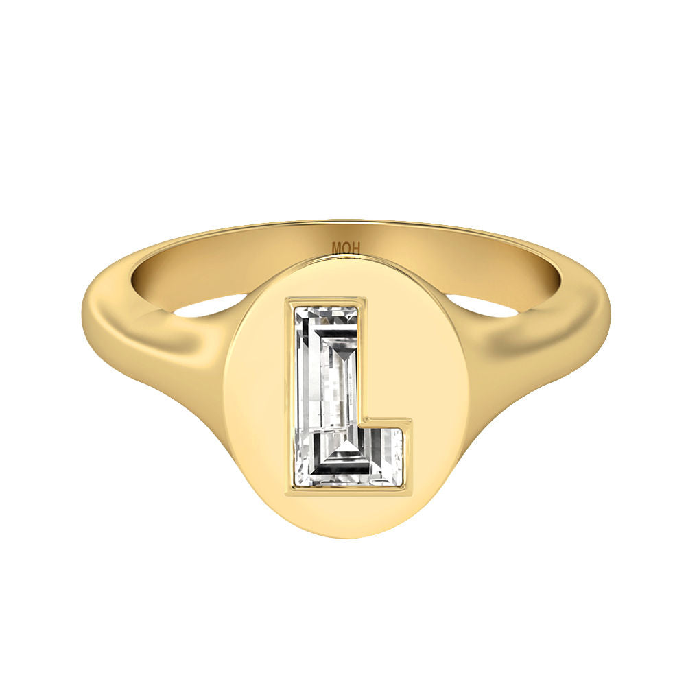 Alphabet 18K Gold Initial L Signet Ring w. Solitaire Lab-Grown Diamond