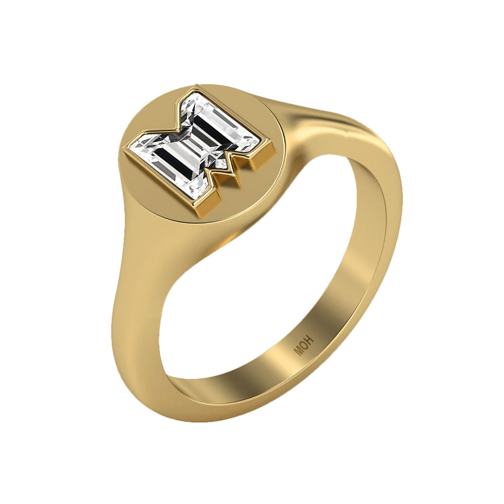 Alphabet 18K Gold Initial M Signet Ring w. Solitaire Lab-Grown Diamond