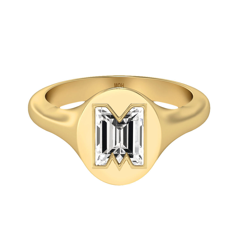 Alphabet 18K Gold Initial M Signet Ring w. Solitaire Lab-Grown Diamond