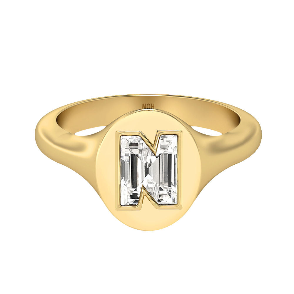 Alphabet 18K Gold Initial N Signet Ring w. Solitaire Lab-Grown Diamond