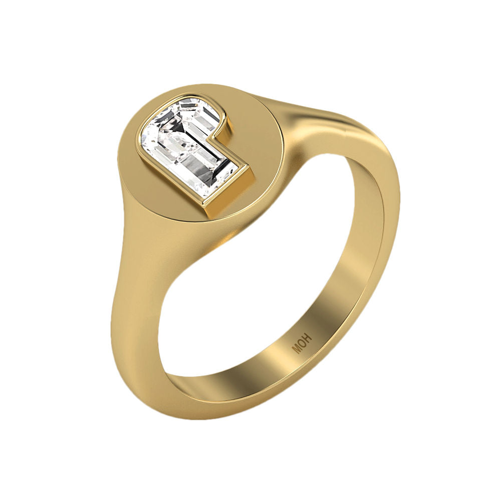 Alphabet 18K Gold Initial P Signet Ring w. Solitaire Lab-Grown Diamond