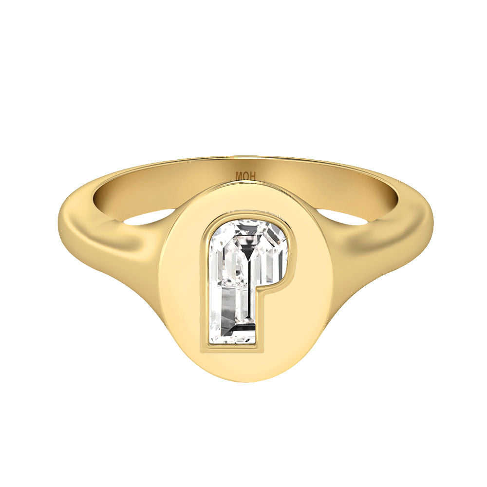 Alphabet 18K Gold Initial P Signet Ring w. Solitaire Lab-Grown Diamond